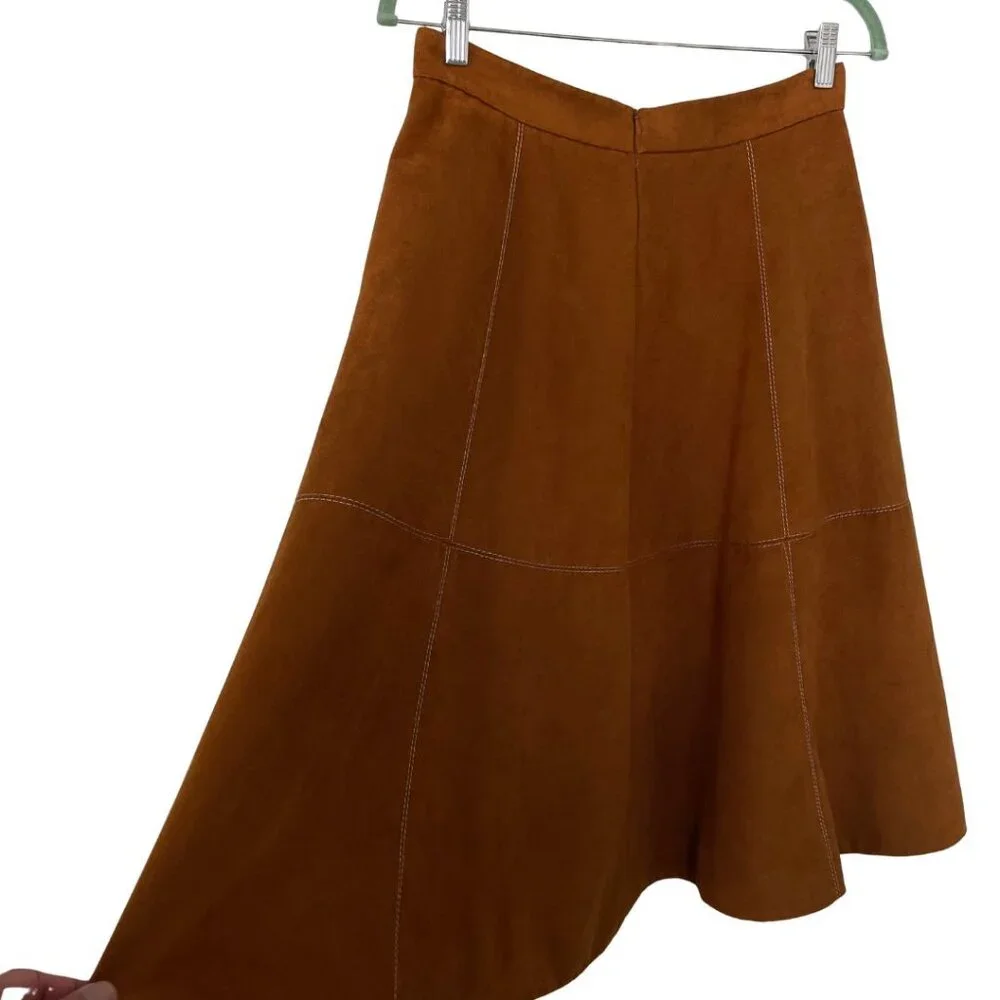 Karen Millen Brown Vegan Faux Suede Button Front Western A-Line Skirt Size 8